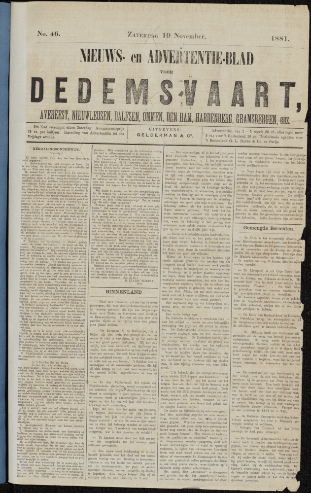 Bekijk detail van "Dedemsvaartsche Courant 19/11/1881 pagina 1 van 4<br xmlns:atlantis="urn:atlantis" />"