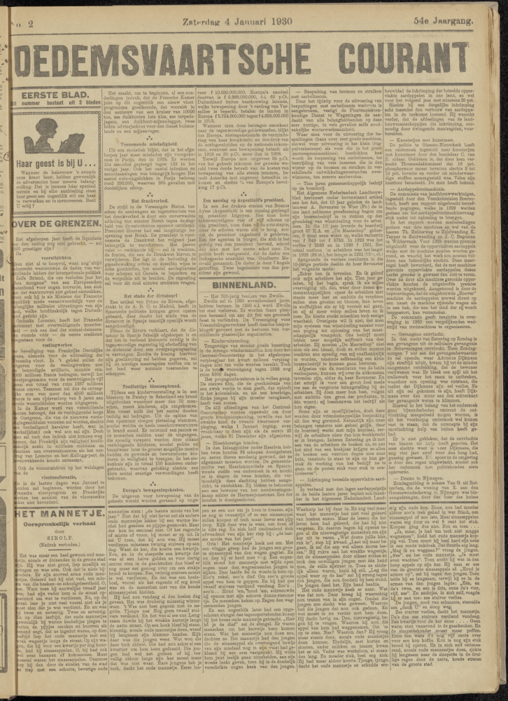 Bekijk detail van "Dedemsvaartsche Courant 4/1/1930 pagina 1 van 8<br xmlns:atlantis="urn:atlantis" />"