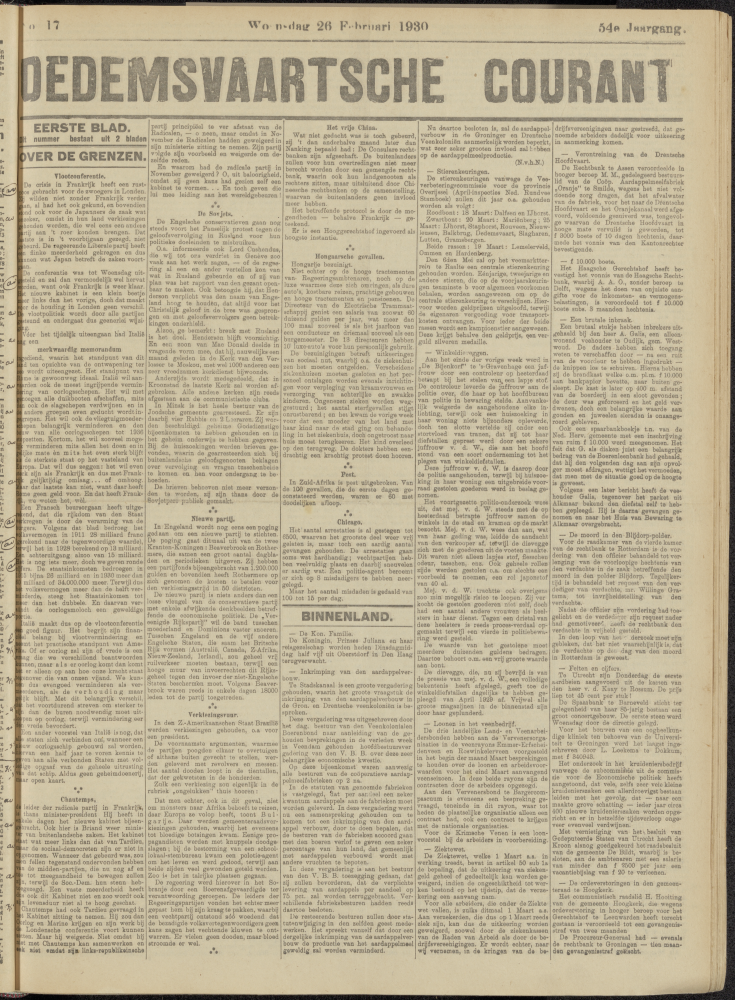 Bekijk detail van "Dedemsvaartsche Courant 26/2/1930 pagina 1 van 8<br xmlns:atlantis="urn:atlantis" />"