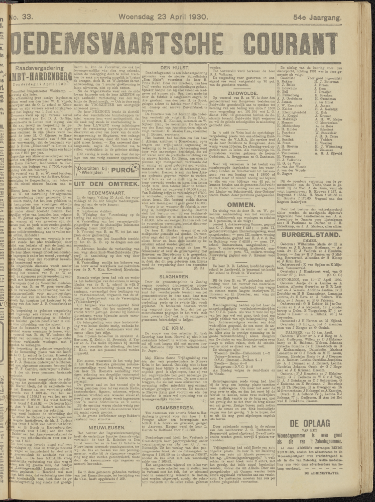 Bekijk detail van "Dedemsvaartsche Courant 23/4/1930 pagina 1 van 4<br xmlns:atlantis="urn:atlantis" />"