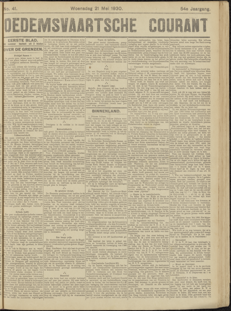 Bekijk detail van "Dedemsvaartsche Courant 21/5/1930 pagina 1 van 8<br xmlns:atlantis="urn:atlantis" />"