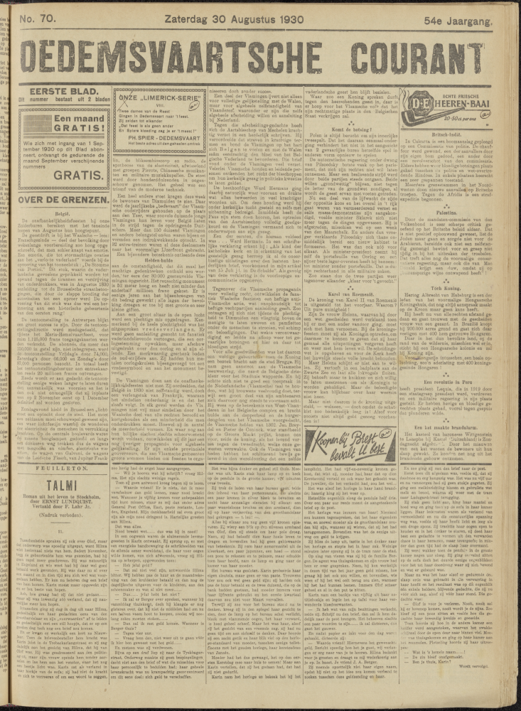 Bekijk detail van "Dedemsvaartsche Courant 30/8/1930 pagina 1 van 8<br xmlns:atlantis="urn:atlantis" />"