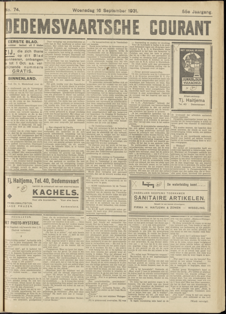 Bekijk detail van "Dedemsvaartsche Courant 16/9/1931 pagina 1 van 6<br xmlns:atlantis="urn:atlantis" />"