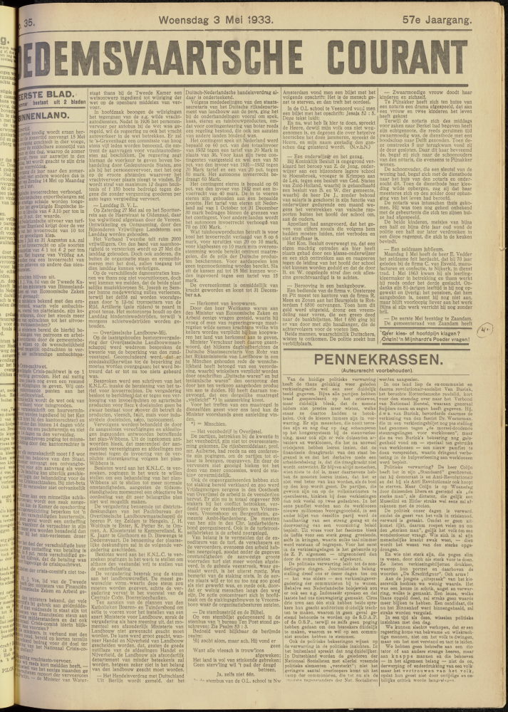 Bekijk detail van "Dedemsvaartsche Courant 3/5/1933 pagina 1 van 6<br xmlns:atlantis="urn:atlantis" />"