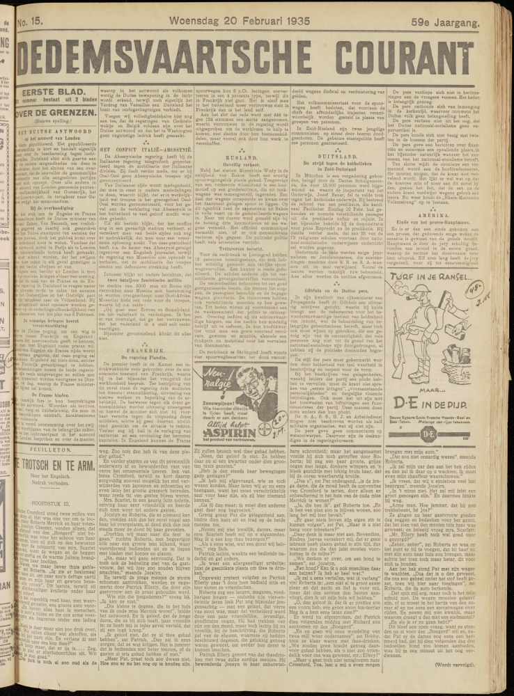 Bekijk detail van "Dedemsvaartsche Courant 20/2/1935 pagina 1 van 8<br xmlns:atlantis="urn:atlantis" />"