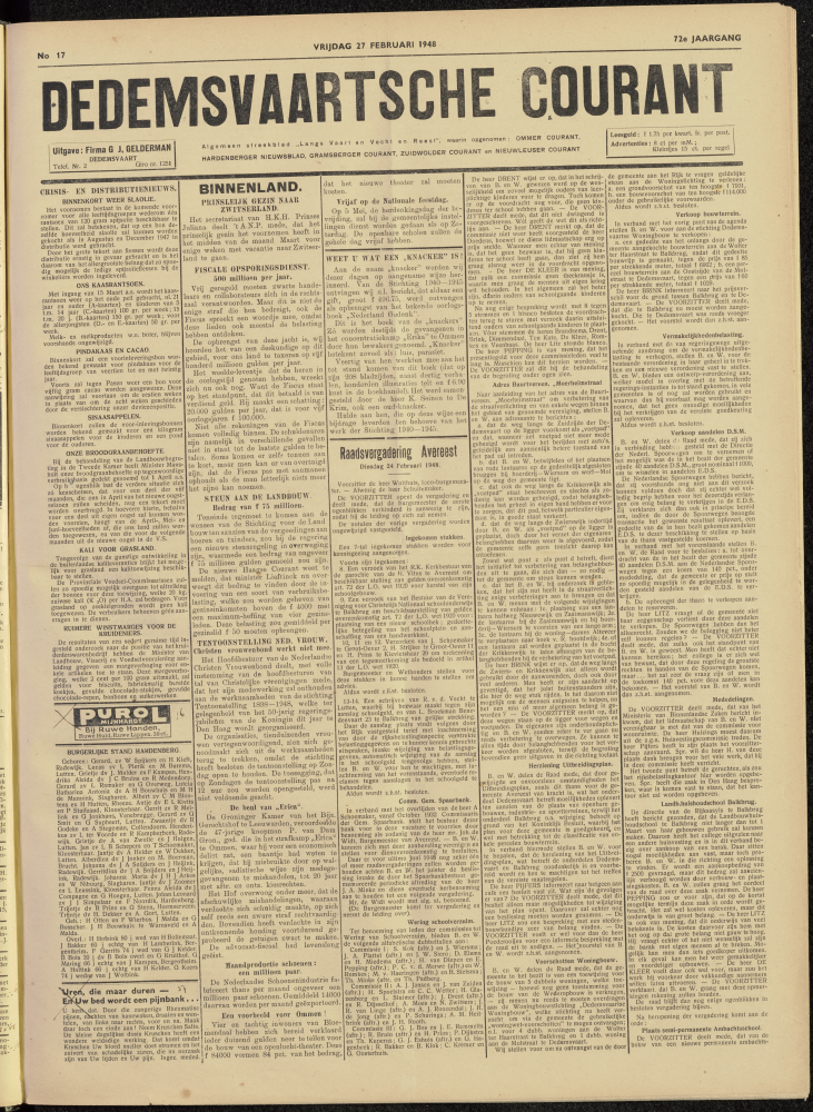 Bekijk detail van "Dedemsvaartsche Courant 27/2/1948 pagina 1 van 4<br xmlns:atlantis="urn:atlantis" />"