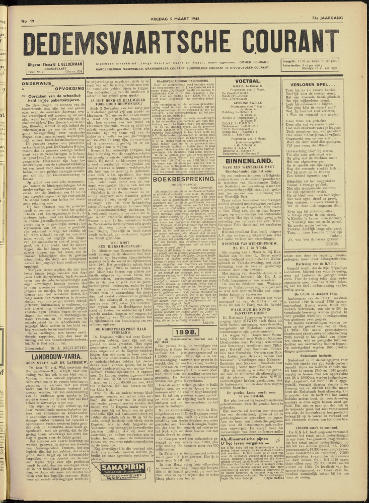 Bekijk detail van "Dedemsvaartsche Courant 5/3/1948 pagina 1 van 4<br xmlns:atlantis="urn:atlantis" />"