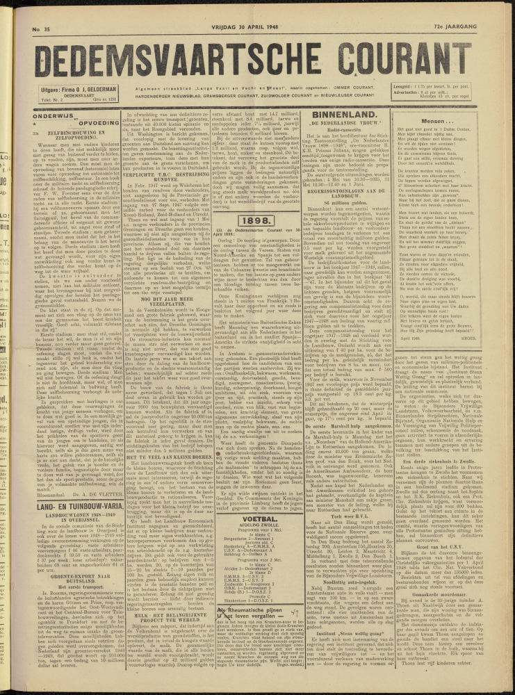 Bekijk detail van "Dedemsvaartsche Courant 30/4/1948 pagina 1 van 4<br xmlns:atlantis="urn:atlantis" />"