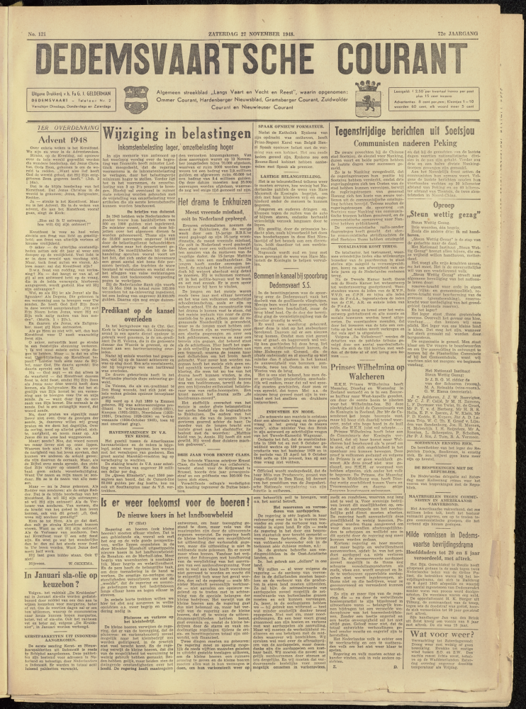 Bekijk detail van "Dedemsvaartsche Courant 27/11/1948 pagina 1 van 8<br xmlns:atlantis="urn:atlantis" />"