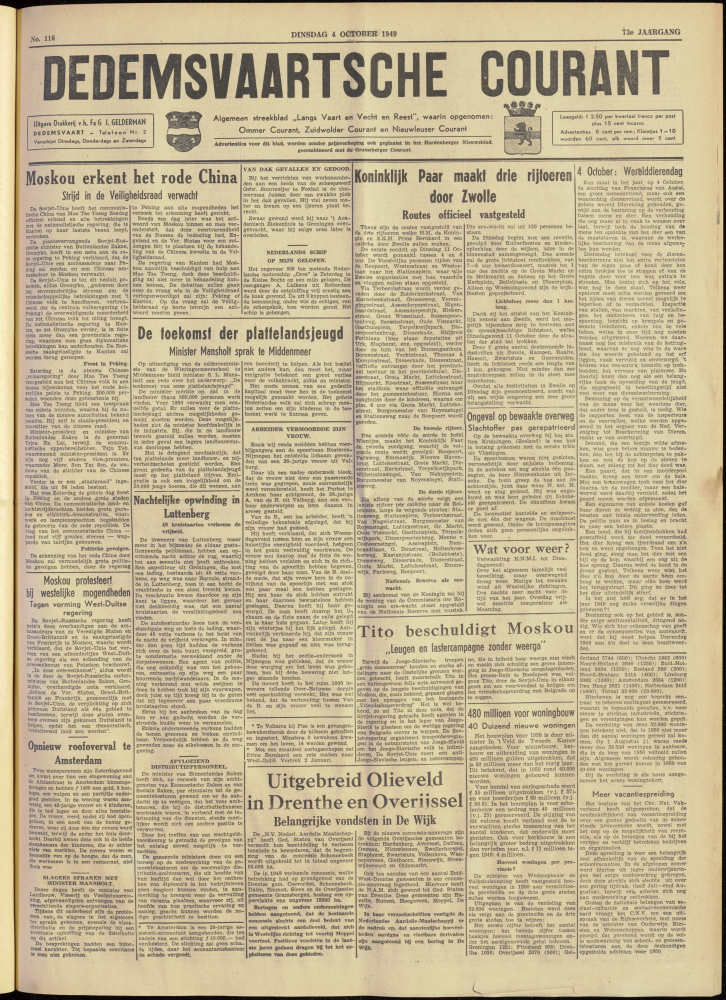 Bekijk detail van "Dedemsvaartsche Courant 4/10/1949 pagina 1 van 4<br xmlns:atlantis="urn:atlantis" />"