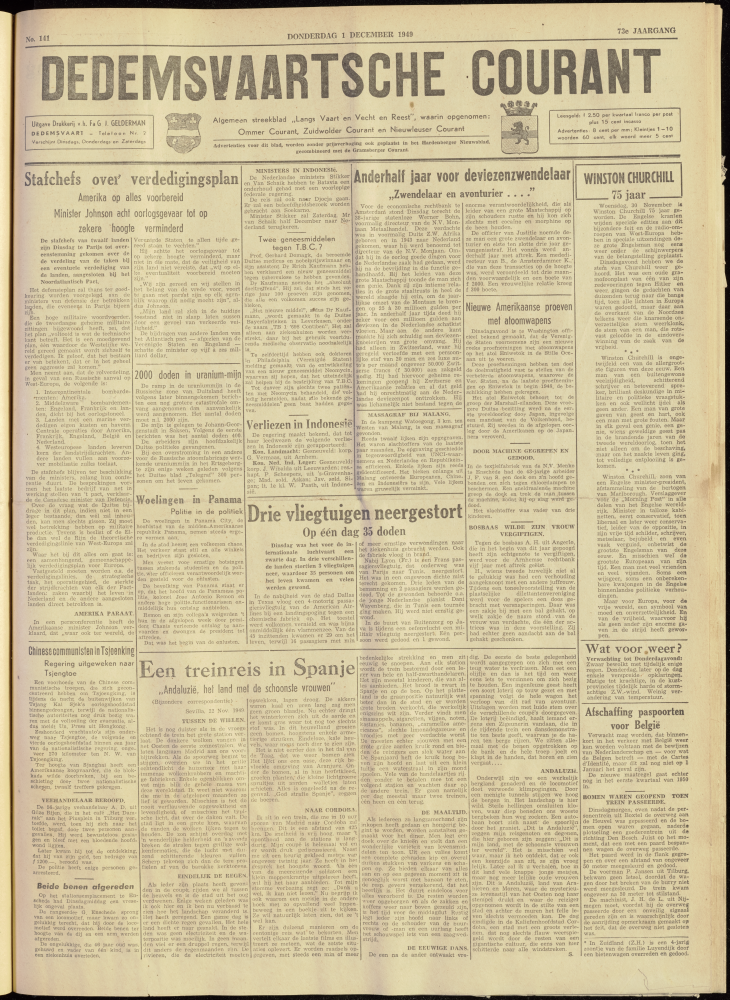 Bekijk detail van "Dedemsvaartsche Courant 1/12/1949 pagina 1 van 4<br xmlns:atlantis="urn:atlantis" />"