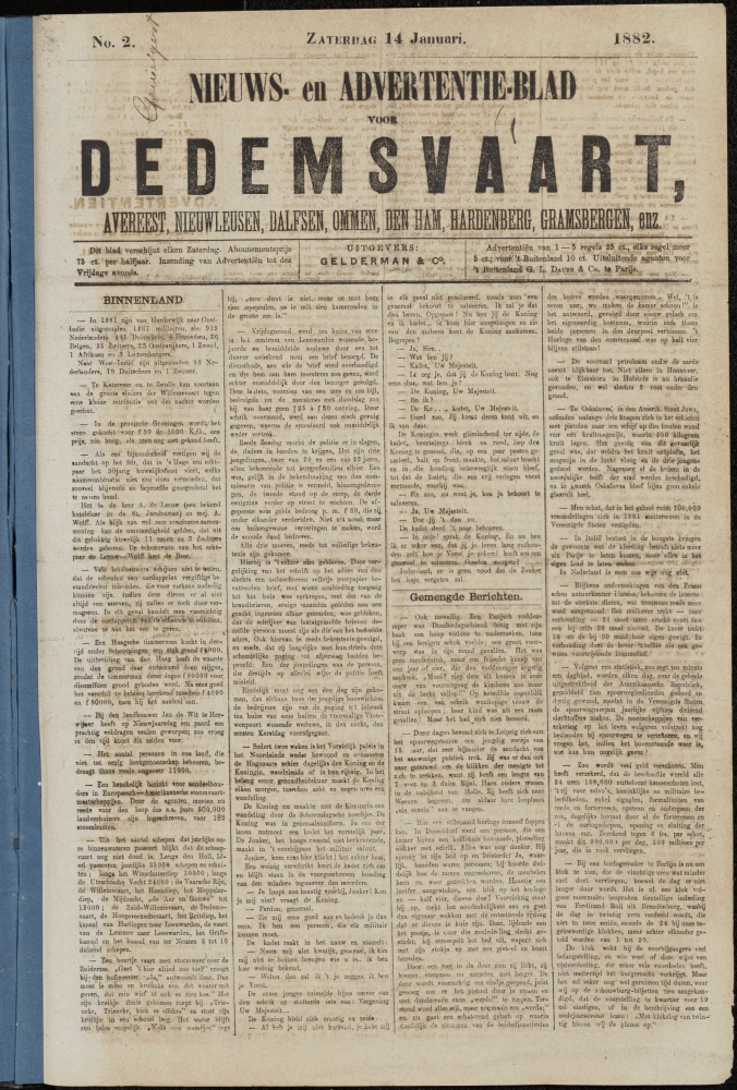 Bekijk detail van "Dedemsvaartsche Courant 14/1/1882 pagina 1 van 4<br xmlns:atlantis="urn:atlantis" />"