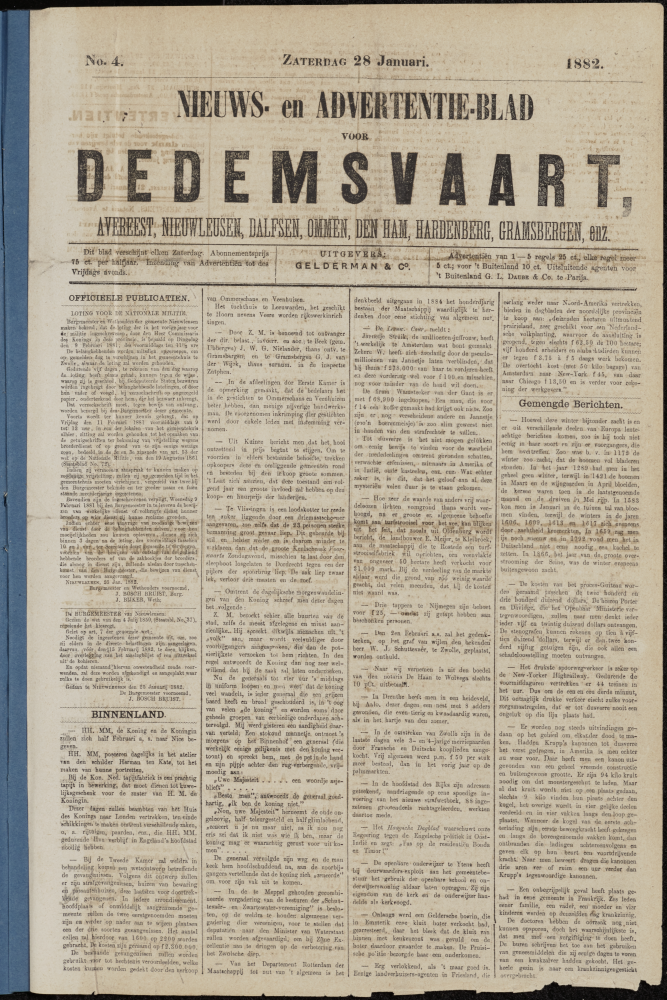 Bekijk detail van "Dedemsvaartsche Courant 28/1/1882 pagina 1 van 4<br xmlns:atlantis="urn:atlantis" />"