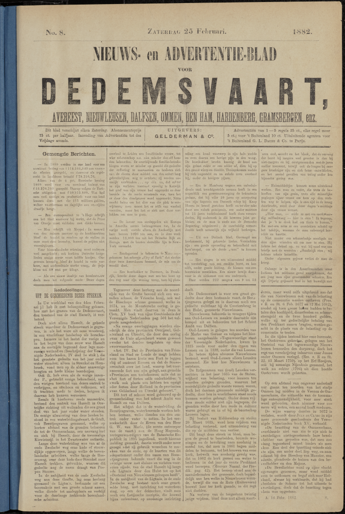 Bekijk detail van "Dedemsvaartsche Courant 25/2/1882 pagina 1 van 4<br xmlns:atlantis="urn:atlantis" />"