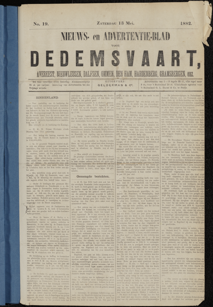 Bekijk detail van "Dedemsvaartsche Courant 13/5/1882 pagina 1 van 4<br xmlns:atlantis="urn:atlantis" />"