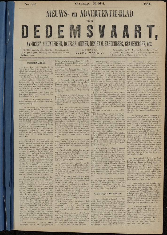 Bekijk detail van "Dedemsvaartsche Courant 31/5/1884 pagina 1 van 4<br xmlns:atlantis="urn:atlantis" />"