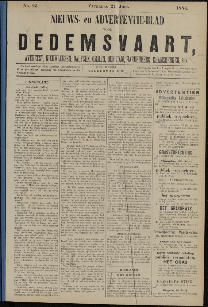 Bekijk detail van "Dedemsvaartsche Courant 21/6/1884 pagina 1 van 4<br xmlns:atlantis="urn:atlantis" />"