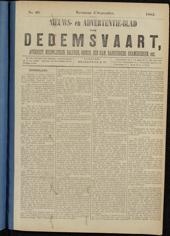 Bekijk detail van "Dedemsvaartsche Courant 5/9/1885 pagina 1 van 4<br xmlns:atlantis="urn:atlantis" />"