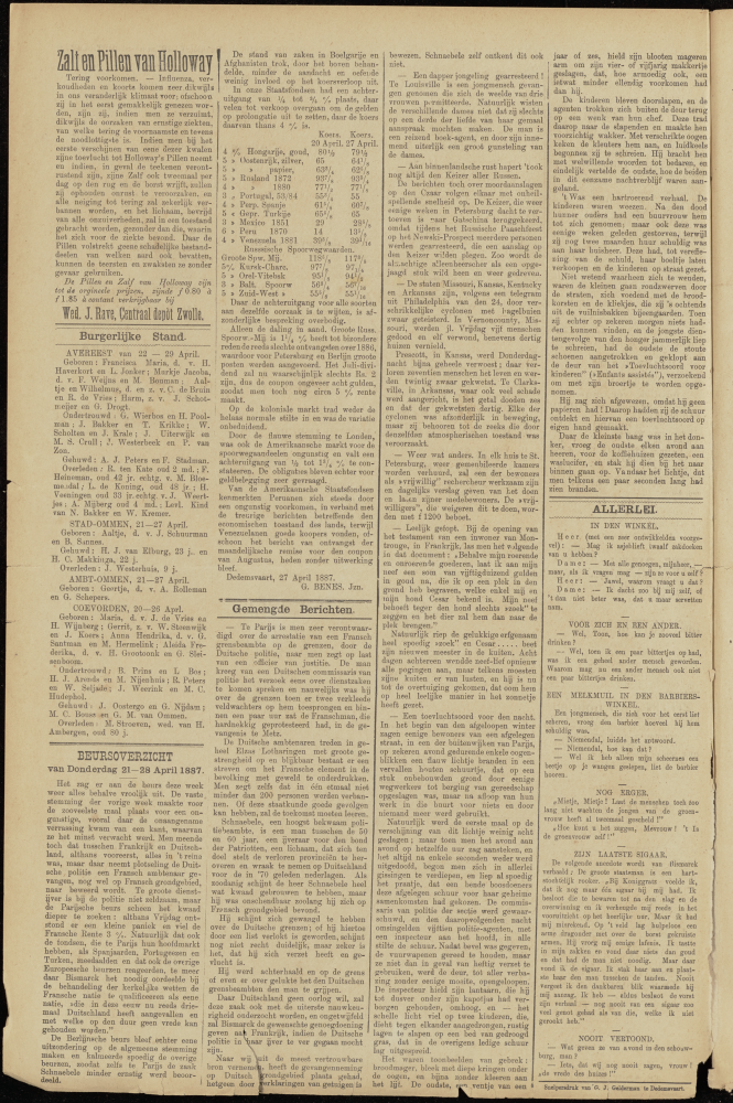 Bekijk detail van "Dedemsvaartsche Courant 30/4/1887 pagina 4 van 4<br xmlns:atlantis="urn:atlantis" />"