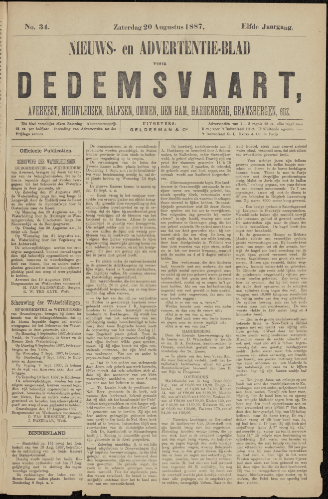 Bekijk detail van "Dedemsvaartsche Courant 20/8/1887 pagina 1 van 4<br xmlns:atlantis="urn:atlantis" />"