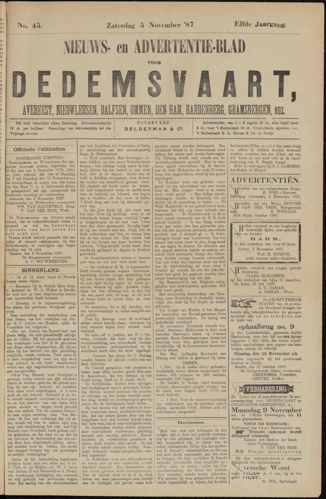 Bekijk detail van "Dedemsvaartsche Courant 5/11/1887 pagina 1 van 4<br xmlns:atlantis="urn:atlantis" />"