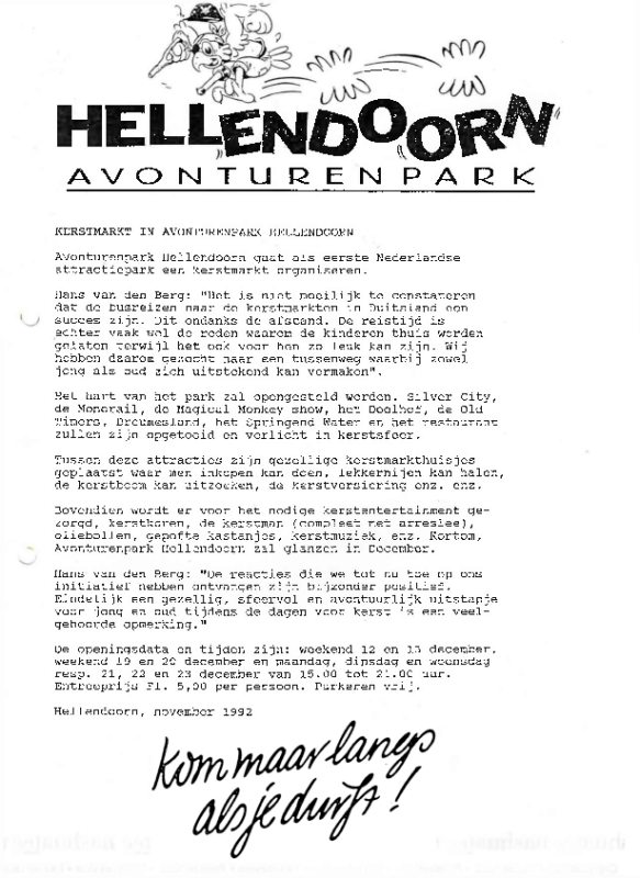 Bekijk detail van "Persbericht Avonturenpark Hellendoorn Kerstmarkt 1992"