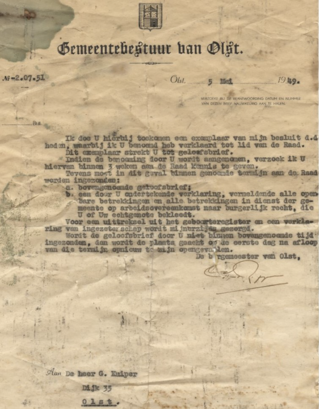 Bekijk detail van "Gemeentebestuur benoemt de heer G. Kuipers tot lid van de gemeenteraad Olst, 9 mei 1949"