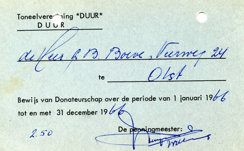 Bekijk detail van "Donatiekaart: <span class="highlight">Toneelvereniging</span> 'Duur', 1966"