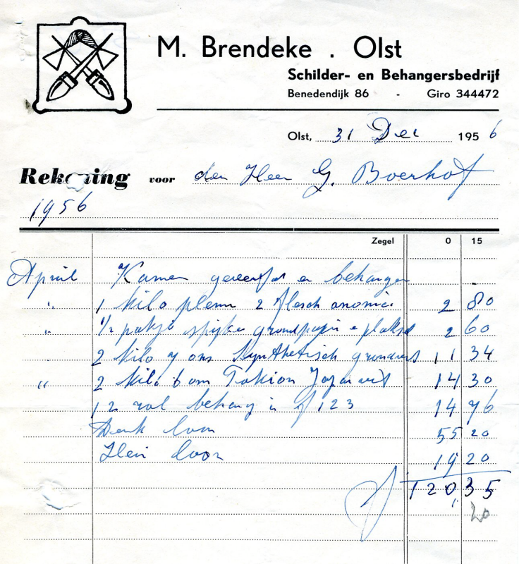 Bekijk detail van "Rekening met briefhoofd: M. Brendeke - Olst, 1956"