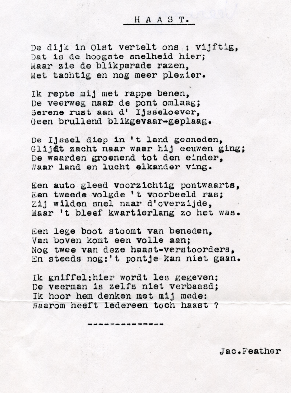 Bekijk detail van "<span class="highlight">Gedicht</span> van Jac. Feather: Haast,  ca. 1970"