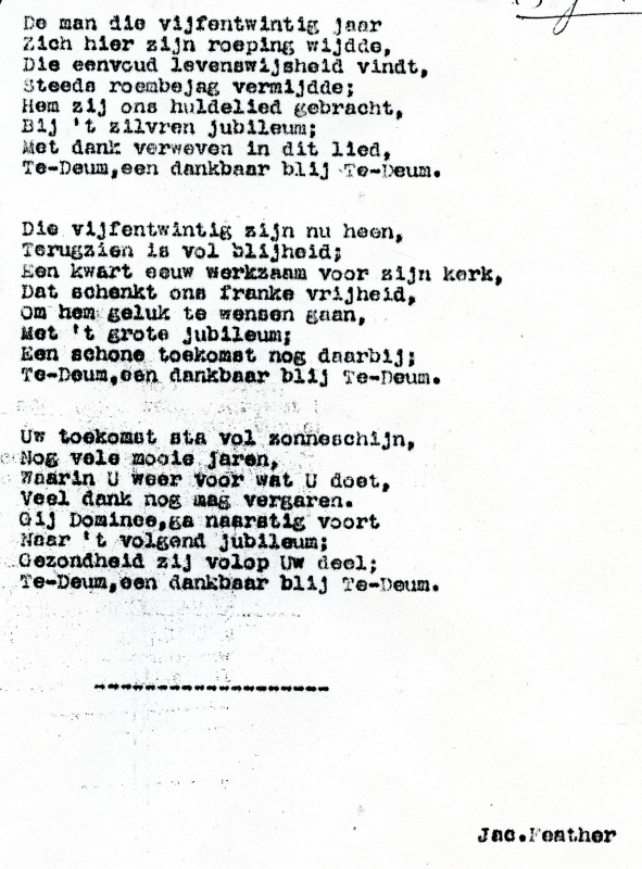 Bekijk detail van "<span class="highlight">Gedicht</span> van Jac. Feather: Ds. Meijer 25 jaar op de preekstoel, 1972"