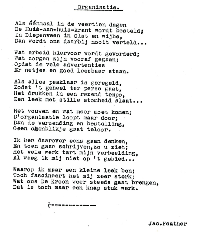 Bekijk detail van "<span class="highlight">Gedicht</span> van Jac. Feather over Drukkerij De Kroon en het drukken van Huis aan Huis, 1975"