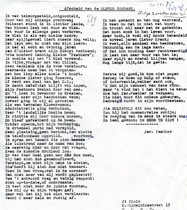 Bekijk detail van "<span class="highlight">Gedicht</span> van Jac. Feather: Afscheid van de Olster Courant, 1975"
