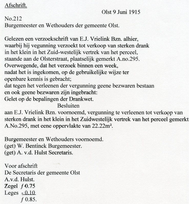 Bekijk detail van "Vergunning voor E.J. Vrielink Bzn. voor verkoop van sterken drank, 1915"