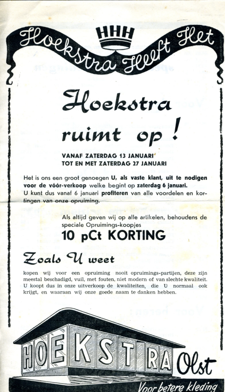 Bekijk detail van "Hoekstra ruimt op! reclamefolder Hoekstra Olst Voor betere kleding, 1961"