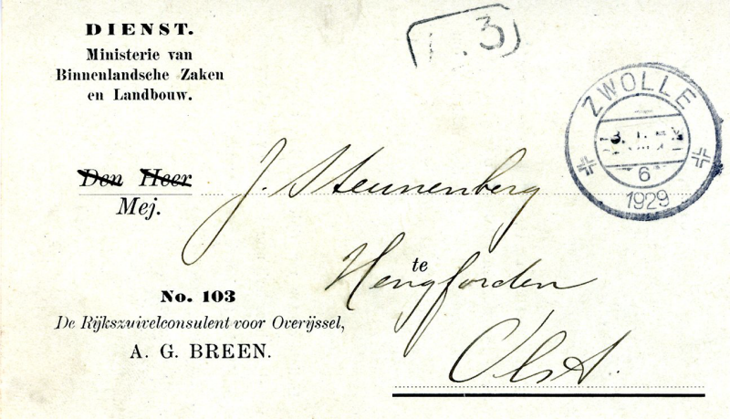 Bekijk detail van "Briefkaart aan Mej. J. Steunenberg te Hengforden Olst, 1929"