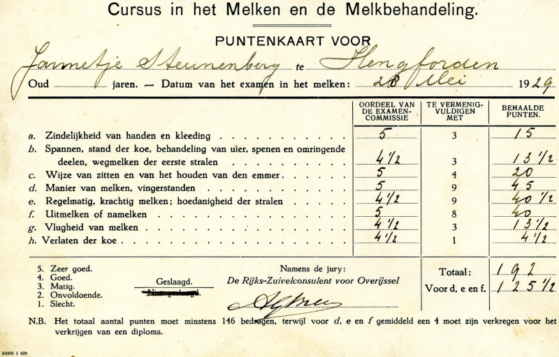 Bekijk detail van "Puntenkaart voor Jannetje Steunenberg te Hengforden: Cursus in het melken en de melkbehandeling, 1929"