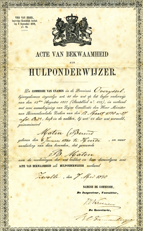 Bekijk detail van "Acte van bekwaamheid als hulponderwijzer Berend Maten, 1878"