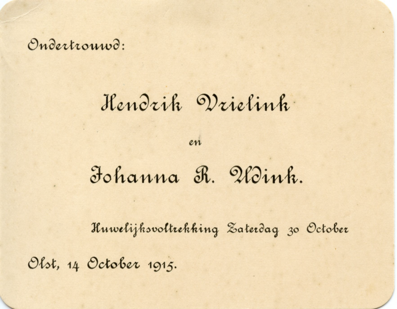 Bekijk detail van "Ondertrouwkaart: Hendrik Vrielink en Johanna R. Udink, 1915"