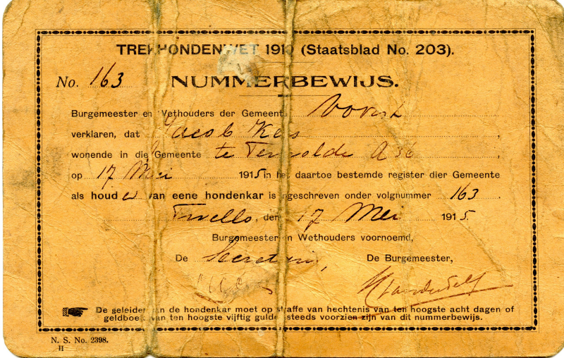 Bekijk detail van "Nummerbewijzen: Trekhondenwet 1910, 1911 - 1915"