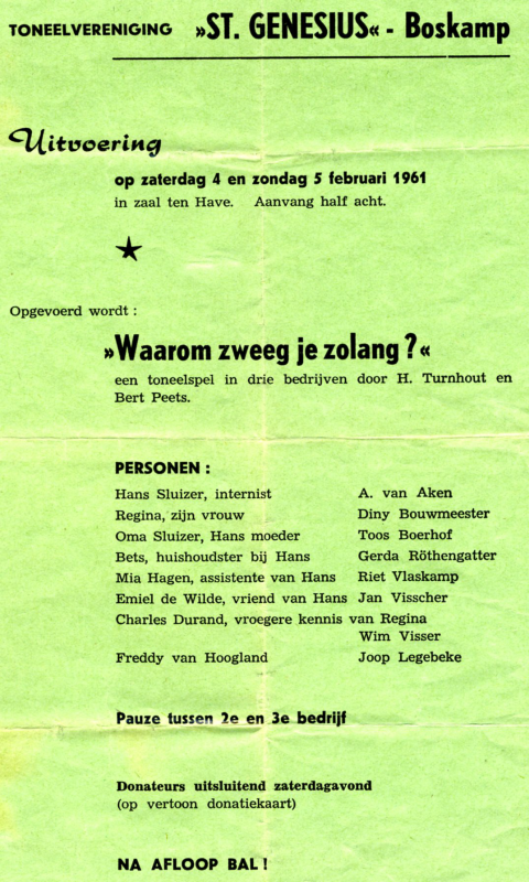Bekijk detail van "Programma uitvoering toneelver. St. Genesius Boskamp,  1961"