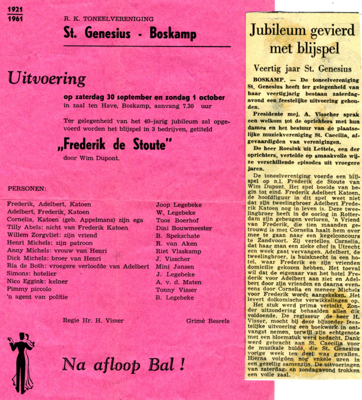 Bekijk detail van "Programma uitvoering toneelver. St. Genesius Boskamp, 1961"
