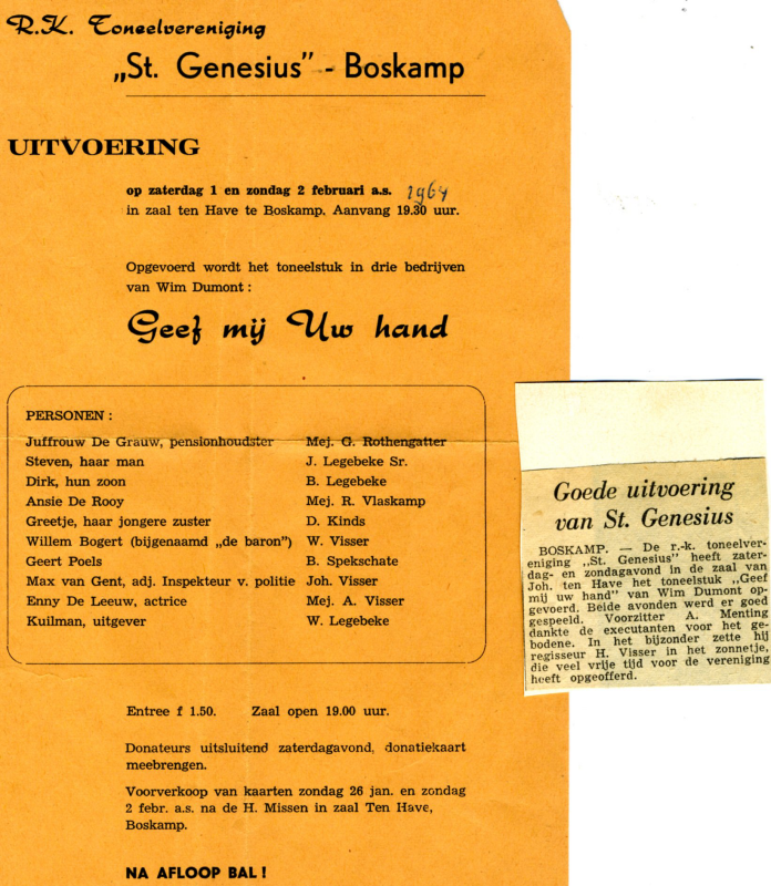 Bekijk detail van "Programma uitvoering toneelver. St. Genesius Boskamp, 1964"