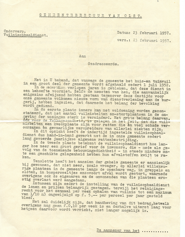 Bekijk detail van "Brief van het gemeentebestuur Olst aan alle inwoners van Olst. Onderwerp: Vuilophaaldienst, 1957"