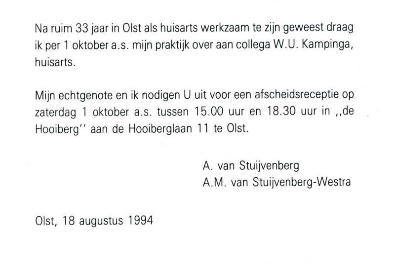 Bekijk detail van "Uitnodiging afscheidreceptie huisarts A. van Stuyvenberg, 1994"