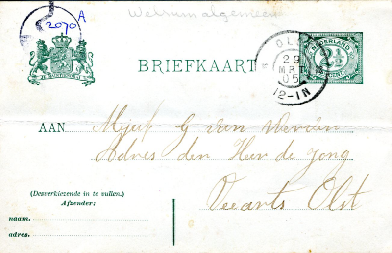 Bekijk detail van "Briefkaart met postzegel 2½ cent, 29 mrt. 1905"