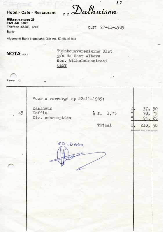 Bekijk detail van "Nota met briefhoofd: Hotel-Café-Restaurant Dalhuisen, 1989 - 1992"