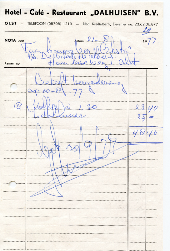 Bekijk detail van "Nota met briefhoofd: Hotel- Café - <span class="highlight">Restaurant</span> Dalhuisen B.V, 1977 - 1979"