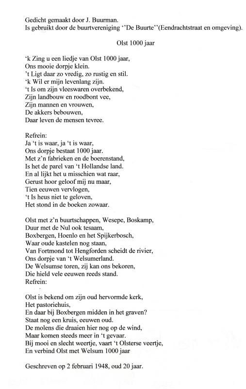Bekijk detail van "Lied: Olst 1000 jaar, geschreven door J. Buurman voor <span class="highlight">Buurtvereniging</span> De Buurte, 1947"