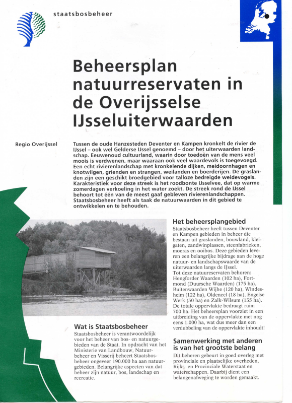 Bekijk detail van "<span class="highlight">Folder</span> Staatsbosbeheer: Beheersplan natuurreservaten in de Overijsselse IJsseluiterwaarden, 1995"